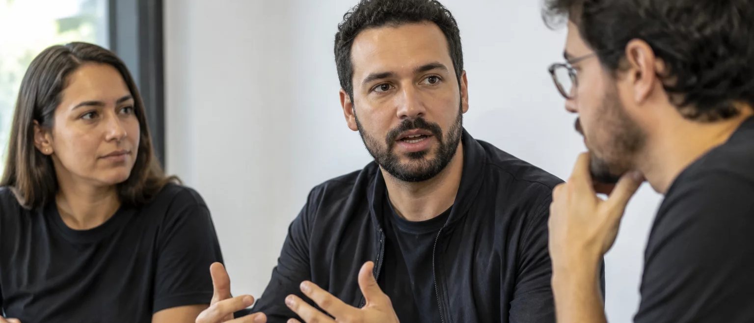 Mesa vista de cima, com o esquema de um raciocínio rabiscado à mão numa folha solta