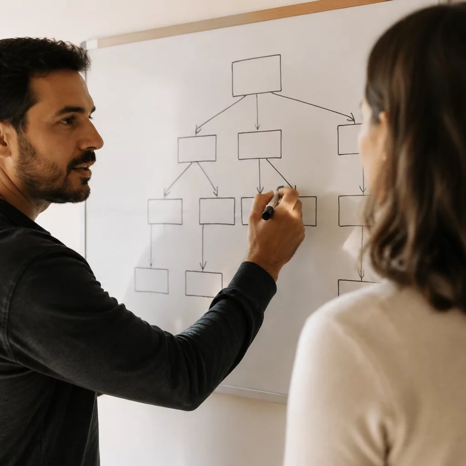 Duas participantes de pé junto ao quadro branco, desenhando as partes de um argumento
